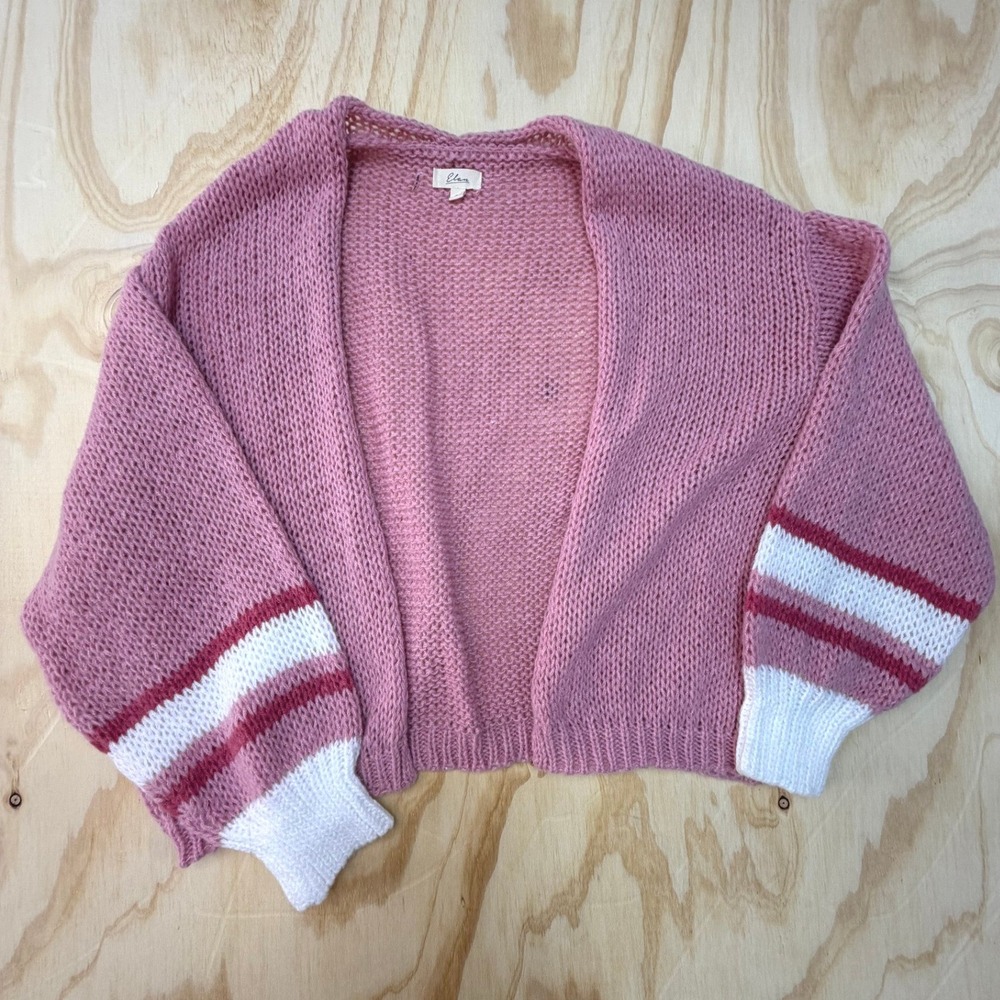 Elan Pink Chunky Knit Open Front‎ Cardigan Striped Sleeve Varsity Sweater Small